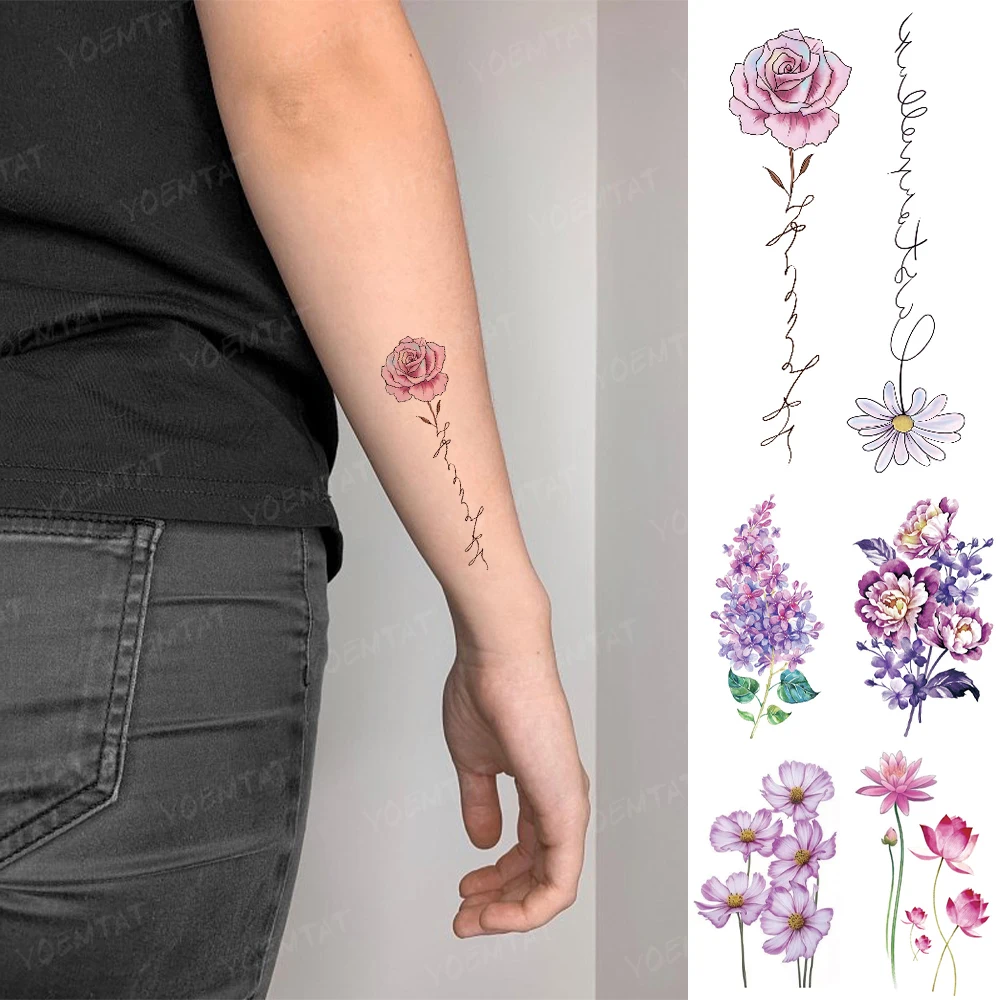 Waterproof Temporary Tattoo Sticker Kids Rose Daisy Lavender Peony Flash Tatoo Woman Line Simple Color Body Art Fake Tatto Man