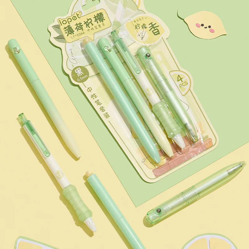 Lopet 4pc/Set Student Stationery Gel Pen Rotate/Press Quick-drying Fragrance Black Core Multiple Styles Writing Experience 2