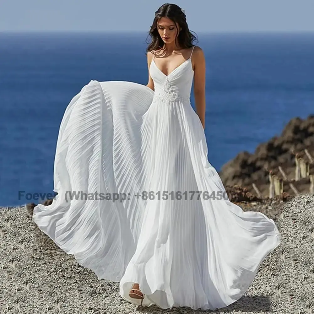 

Boho V-Neck White Chiffon Wedding Dress Spaghetti Strap Sleeveless Beach Bridal Gowns Backless A-Line Sweep Train Robe De Mariée