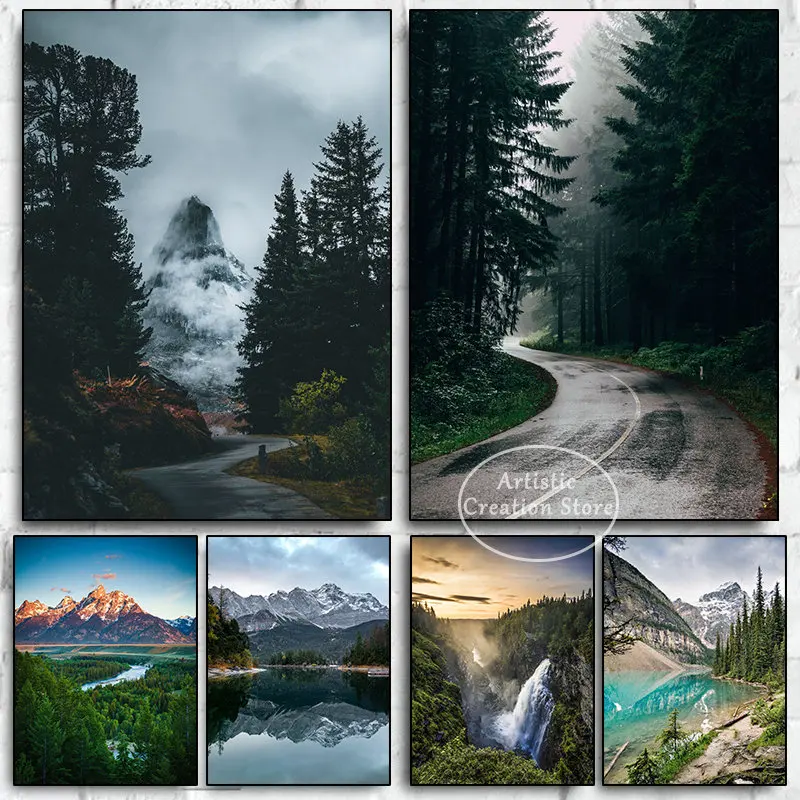 Misty Forest Lake Boat Poster Geometrici Abstract Nature Landscape Pictures Canvas Print Painting For Nordic Living Room Decor