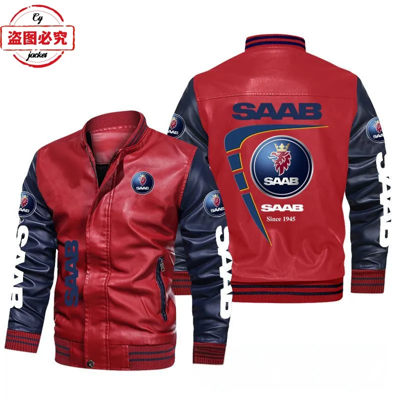 SAAB car LOGO color matching retro washed pu leather jacket men's SAAB team pilot jacket team suit 4