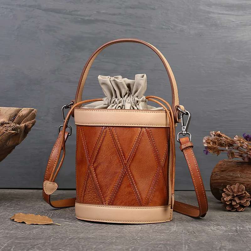 

2023 Genuine Leather Handbags Shoulder Bags Vintage Cow Leather Ladies Luxury Handmade Designer Handbag Barrel-shaped Bag