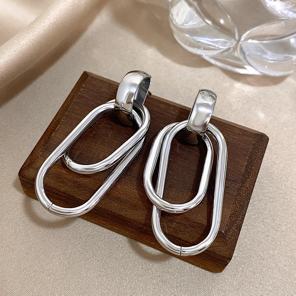 Mode Edelstahl Gold Silber Farbe Tropfen Ohrringe für Frauen Glänzend Doppel Schicht U-förmigen Anhänger Ohrringe Schmuck Geschenke – Detail 11
