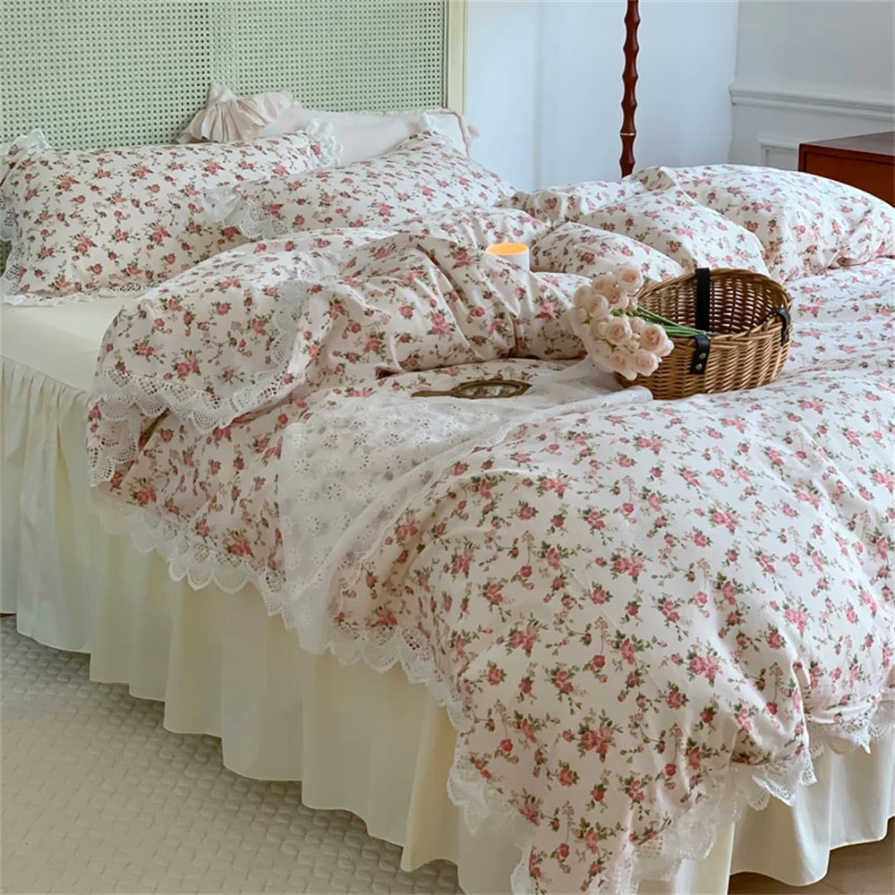 

Home Textile 1.5M 1.8M Sheet Fitted Sheet Bed Skirt Four-piece Set Korean Style Princess Style Hollow Lace Cotton Bedding Set
