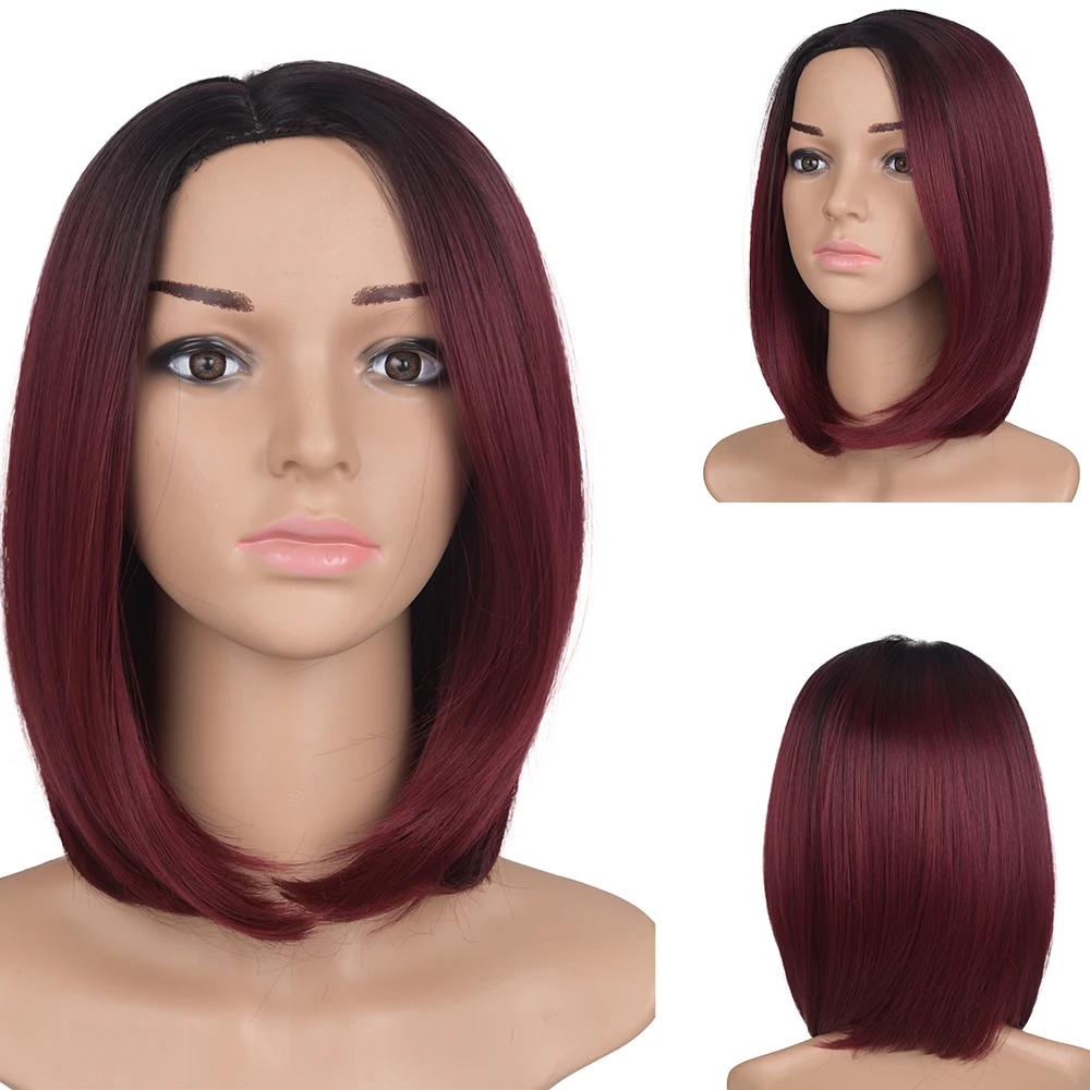 

Sallyhair High Temperature Synthetic Straight Short Wigs Ombre Black Wine Red Color For Women American African Bob Wigs Hair