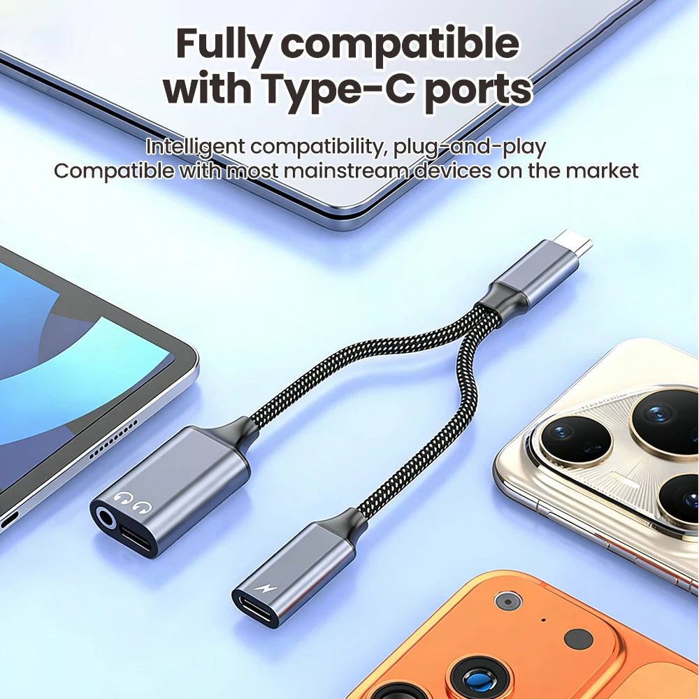 3 in 1 고속 충전 어댑터 케이블 C타입 to 듀얼 C타입/3.5mm 잭 오디오 어댑터 케이블 헤드폰 어댑터 (아이폰16, 15, 삼성용)