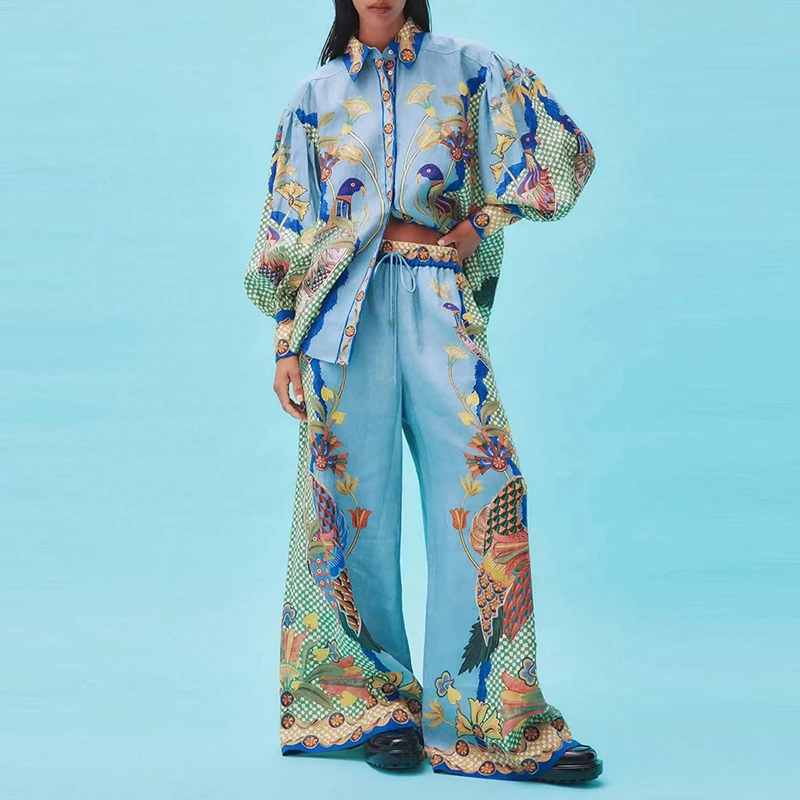 

Women Casual Retro Print Commute Loose Outfits Fashion Lapel Button Blouse+Long Pants 2pc Set Autumn Long Sleeve High Street Set