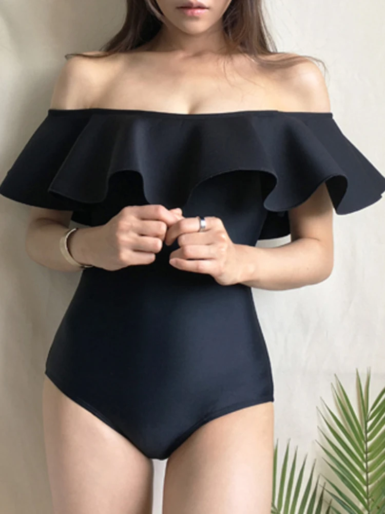 Swimwear Ladies Korea Conservative One-piece Triangle Black White Sling Off Shoulder Ruffles Sexy Belly Cover Swimsuit Women
