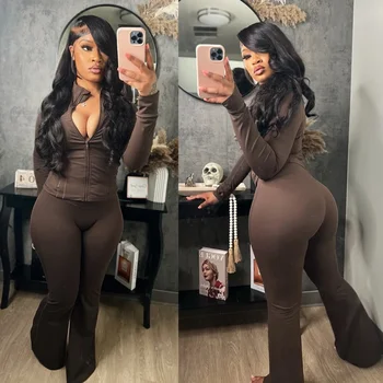 Women Clothes Two Piece Flared Pants Tracksuits Set Casual Gym Active Wear 2 Piece Set Lounge Womens Matching Sets 1