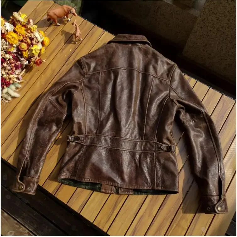 Description Picture 4 of itemFree shipping.Men Frosted tea core cowhide coat.collect Vintage brown real leather outwear.slim soft fitness jacket