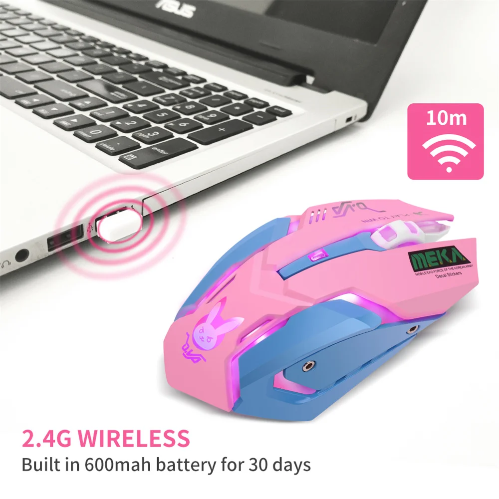 충전식 무선 무소음 마우스, 빛나는 DVA 컴퓨터 게이밍 마우스, PC 노트북 컴퓨터용 2400DPI, RGB 라이트