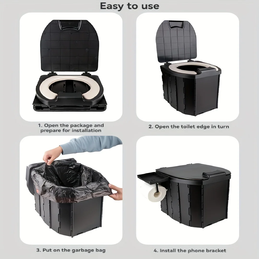 Portable Folding Toilet with PU Seat Cushion Includes Cellphone Holder Toilet Paper Holder Ideal for Camping Hiking and Outdoor