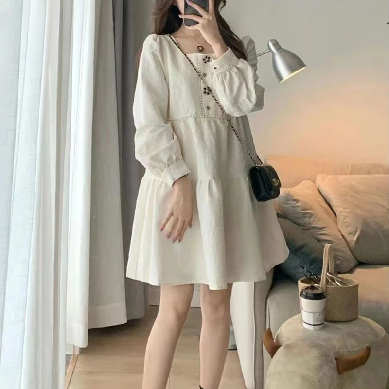 

Autumn Square Collar Diamonds Sweet Mini Dress Women Loose Casual Solid Color Long Sleeve Robe Femme Oversized Vestidos Z27