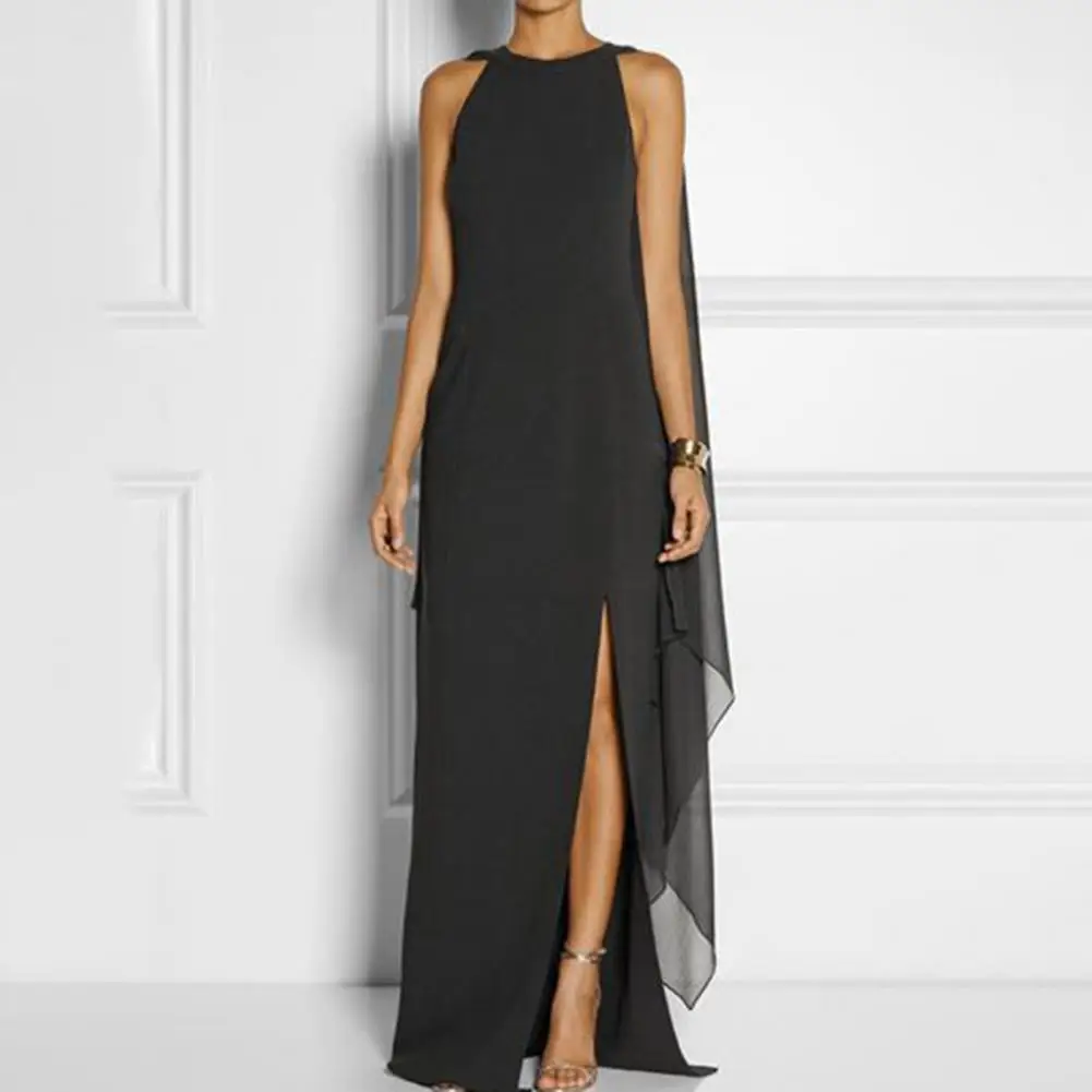 

Round Neck Summer Dress Women Gown Dress Elegant O-neck Chiffon Maxi Dress with Irregular Split Layer Shawl Design Side Split