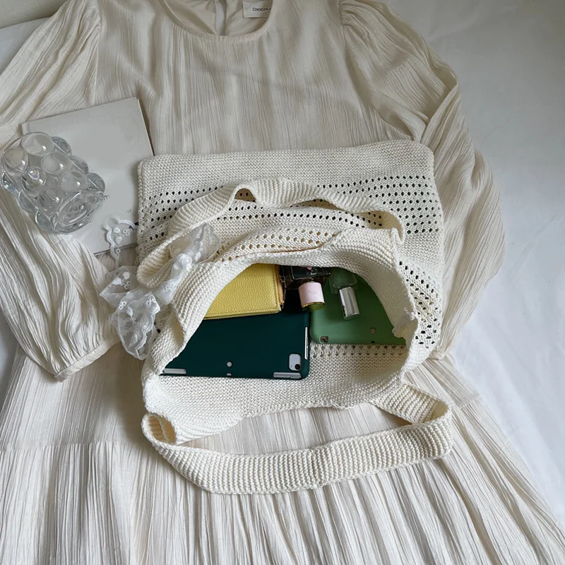 With Lace Ribbon Solid Color Woven Bag Hollow Out Tote Beach Bag Large Capacity Bohemian Style Women Hollow Shoulder Bag