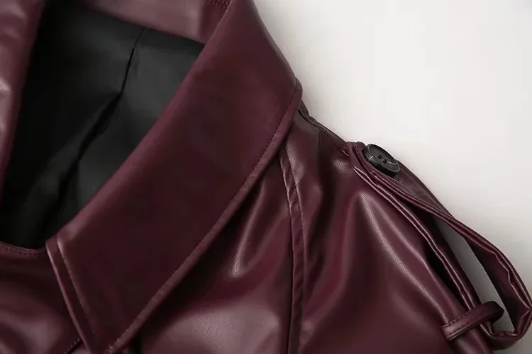 Vintage Lapel Leather Biker Jacket Women Bomber Jacket Short Coat Streetwear Zip Long Sleeve Windproof Outerwear Black Wine Red