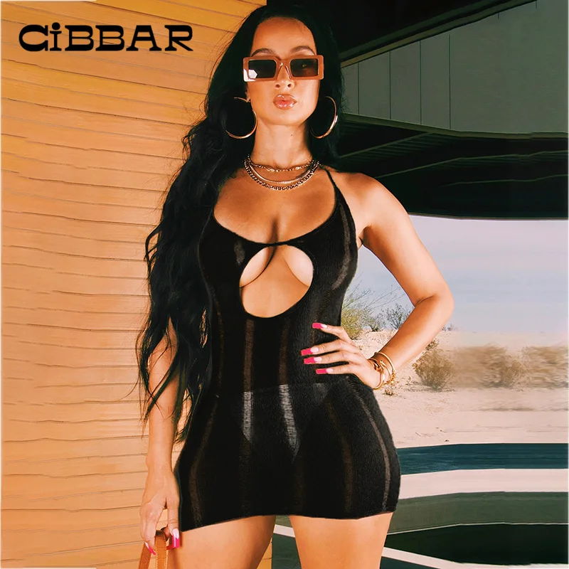 

CIBBAR Streetwear Knitted Mini Dress Women Sexy Sleeveless Summer Midnight Party Halter Dresses Club Hollow Out Backless Outfits