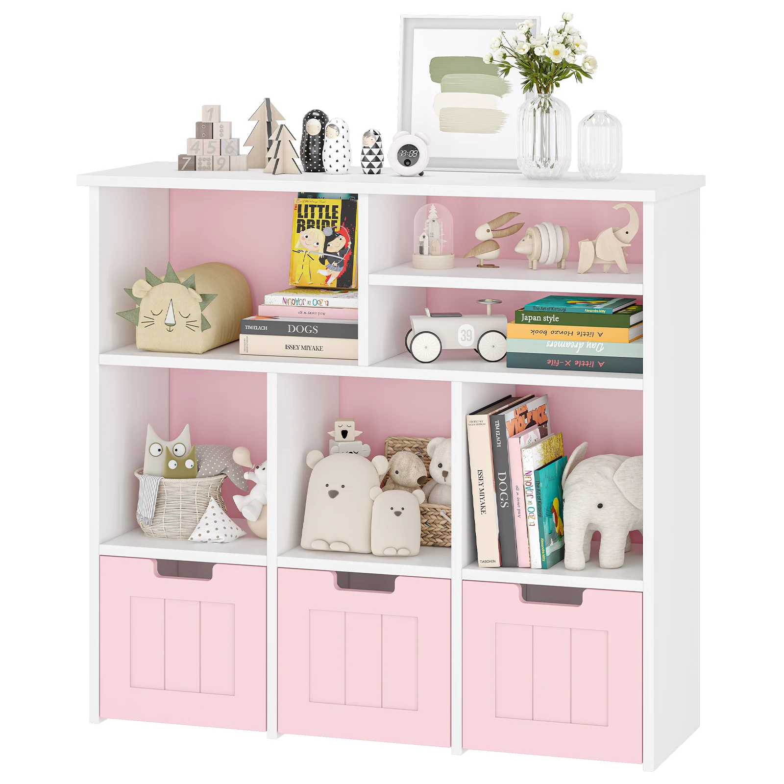 Toy Storage Cabinet with 3 Movable Drawers & 6 Cubes, Bookshelf with Hidden Wheels, Kids Bookcase Toy Storage Organizer 2