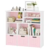 Toy Storage Cabinet with 3 Movable Drawers & 6 Cubes, Bookshelf with Hidden Wheels, Kids Bookcase Toy Storage Organizer 2