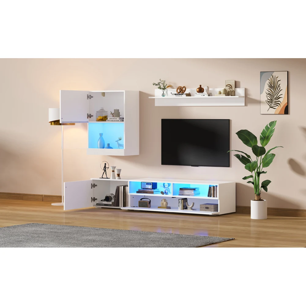 3-teiliges LED Hochglanz-TV-Wohnzimmer-Wandset Modernes Medienmöbel mit Vitrine Wandregale Stehender & Schwebender TV-Schrank – Detail 16