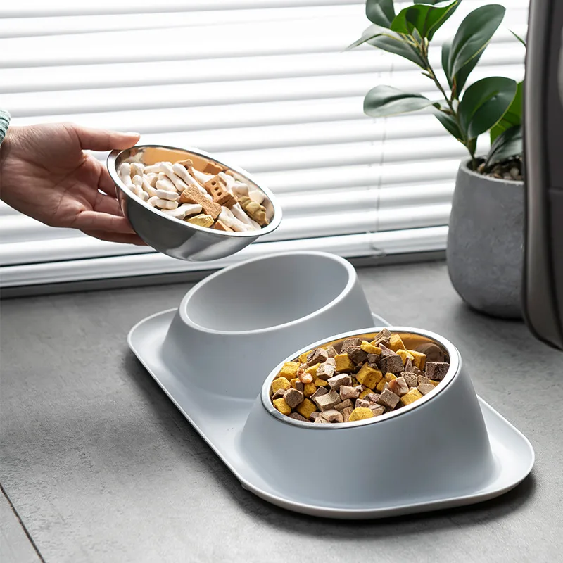 스테인리스 스틸 누수 방지 및 뒤집힘 방지 이중 애완 동물 그릇, 개 고양이 기본 음식 및 물 그릇 세트, 먹이 그릇