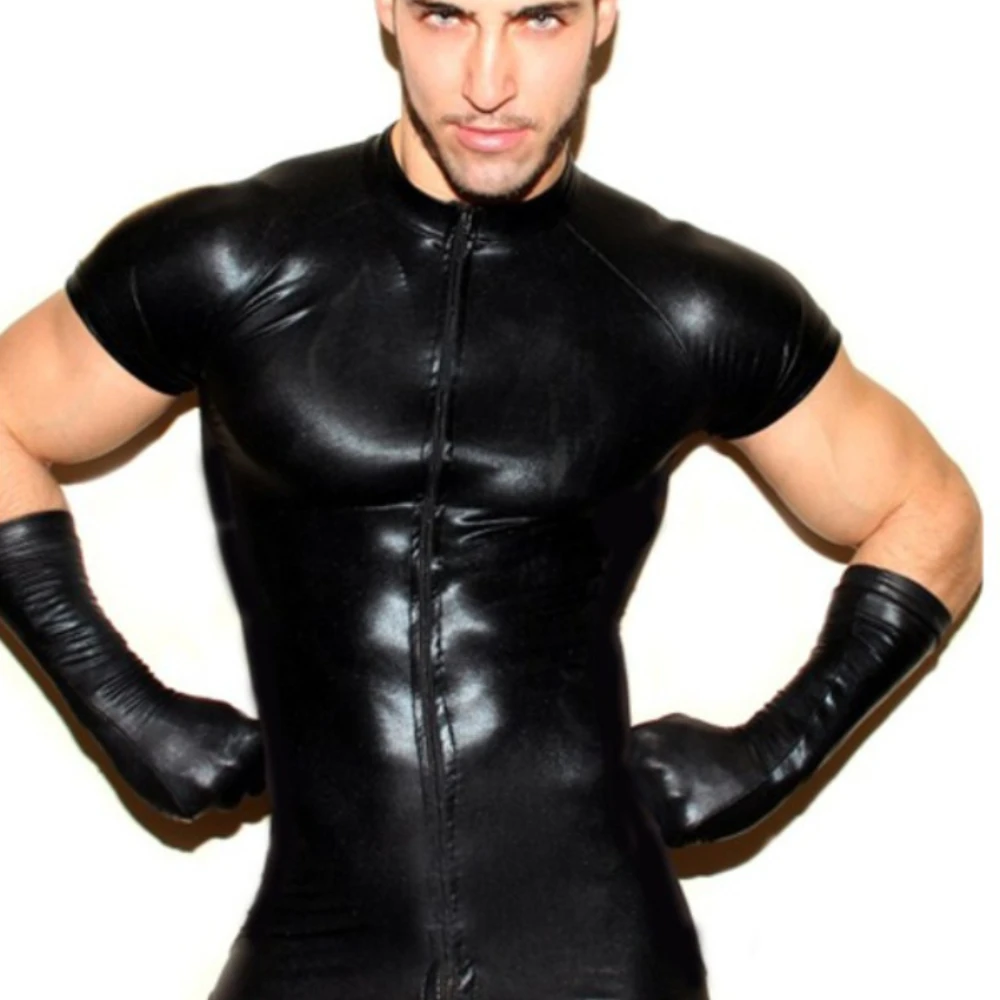 

Mens Black Mesh Patent Leather Zipper Bodysuit Sexy Short Sleeve Open Crotch Skin Tight Catsuit Male Clubwear Costume Plus Size