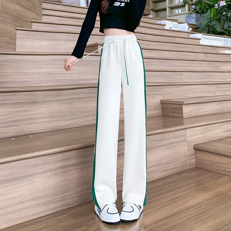 Korean Casual Women's Contrast Color Spliced Wide Leg Pants Summer Fashion Sporty Drawstring Loose High Waist Trousers Female