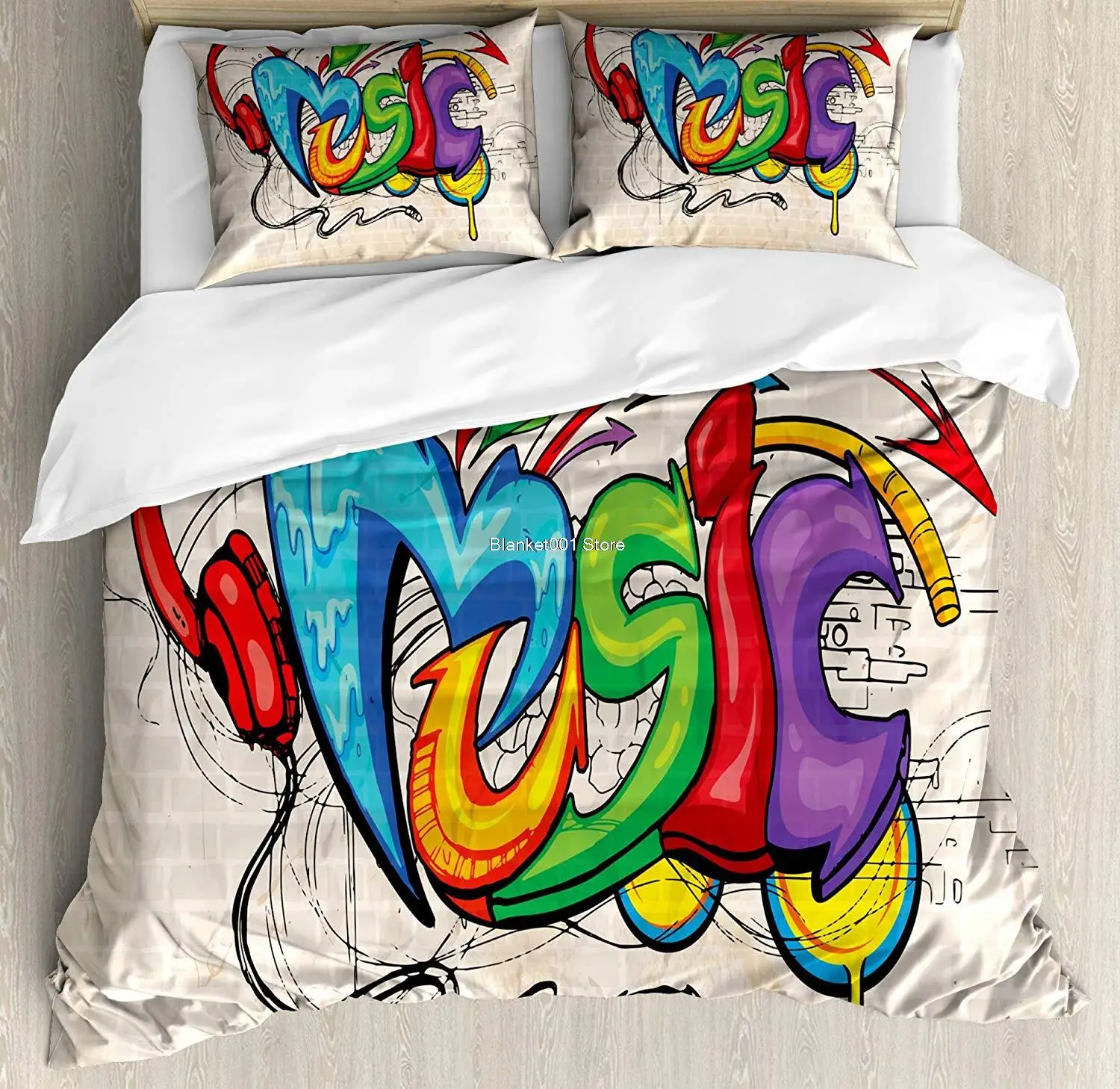 

Music Duvet Cover Set Illustration of Graffiti Style Lettering Headphones Hip Hop Theme on Beige Bricks Decorative 3 Piece Bed