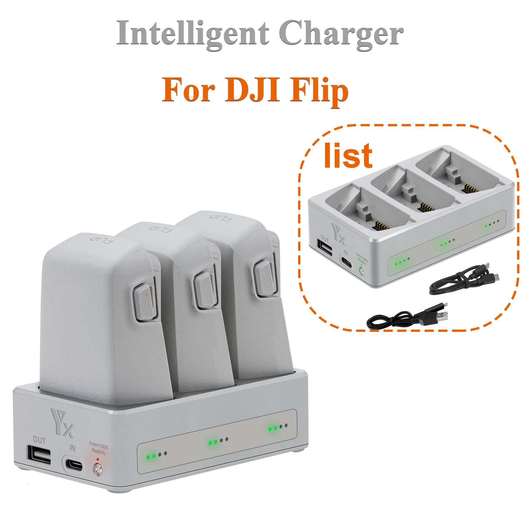 Hub de charge 3-en-1 rapide avec LED pour DJI Flip, montrant les trois emplacements de batterie illuminés.