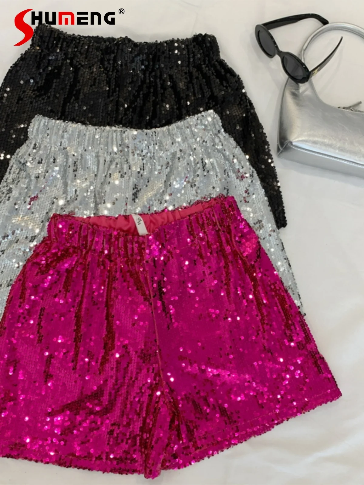 Fashion 2024 Summer New Shorts Shiny Sequined High Waist Shorts Women's Summer New Loose Comfort Solid Color Wide Leg Pants
