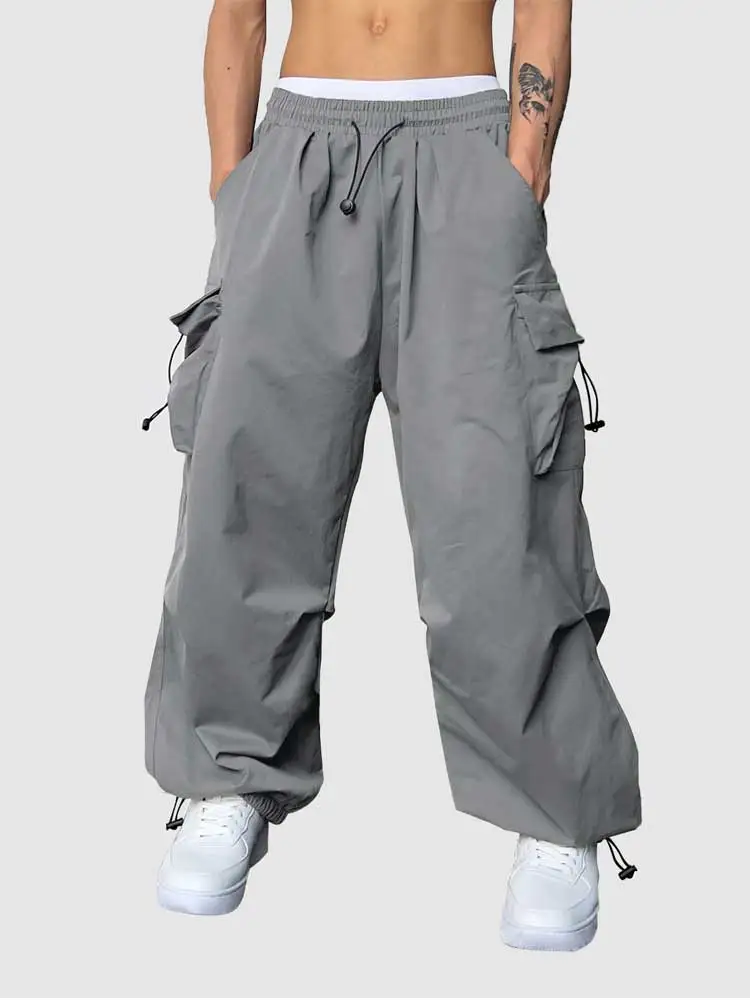 

Loose Fit Cargo Pants for Men Solid Streetwear Tooling Trousers Mid-waist Drawstring Beam Feet Parachute Pants Z5074713