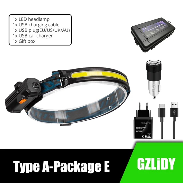 IR Sensor LED Headlamp Powerful XPG+COB Headlight 2000mAh 18650 USB Head Lamp Portable Floodlight Flashlight Waterproof Lantern Type A-Package E