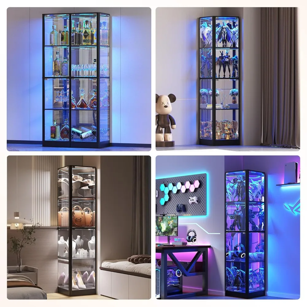 display cabinet with glass doors, 68" corner curio cabinets with led lights, 4-tier glass display case for collectibles/toys/boo