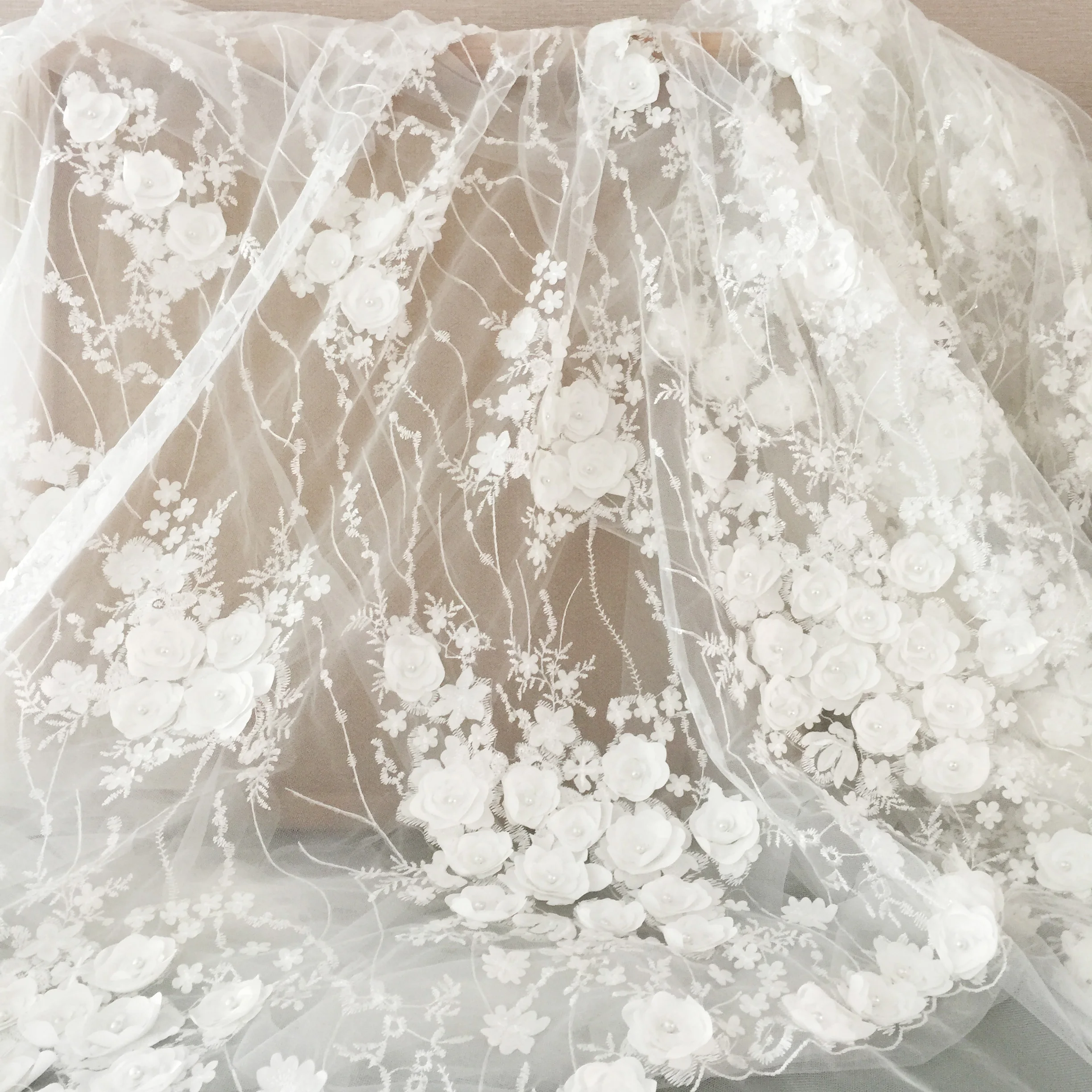 Beaded Lace Fabric For Wedding Dresses Yard Exquisite 3D Pearl