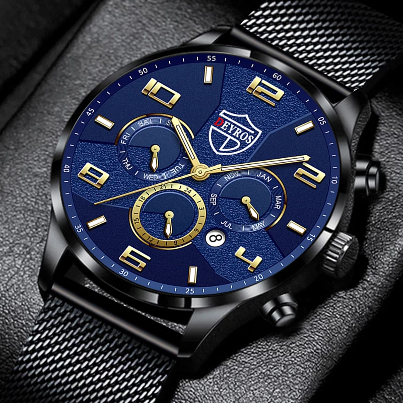 Mens Fashion Watches for Men Business Stainless Steel Mesh Belt Quartz Watch Luminous Analog Calendar Clock relogio masculino