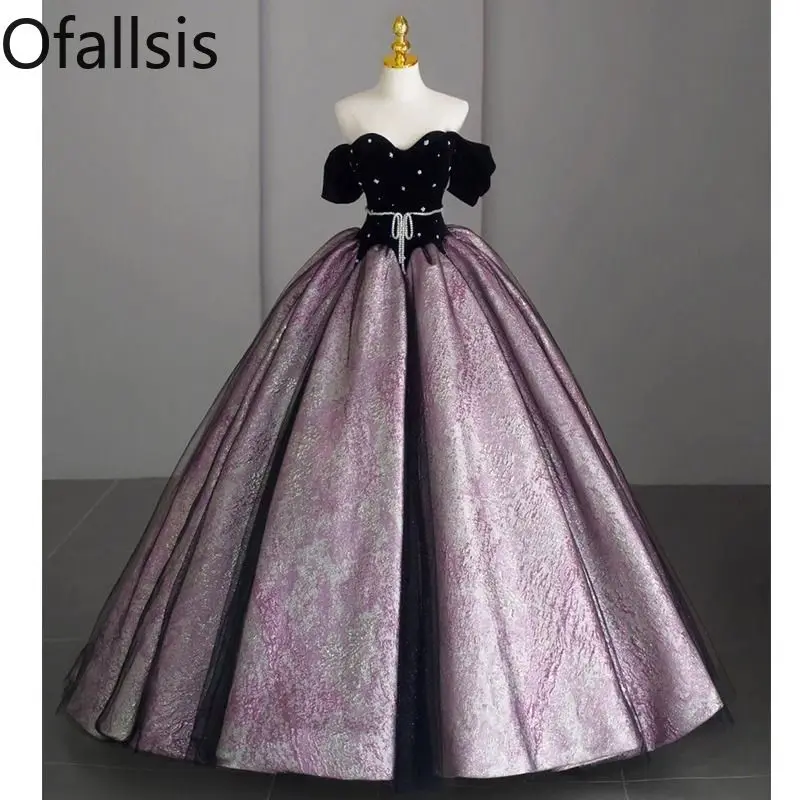 

Ofallsis High End Off Shoulder Evening Dress Spring 2024 Light Luxury Banquet Socialite Fluffy Elegant Host Long Style Dresses