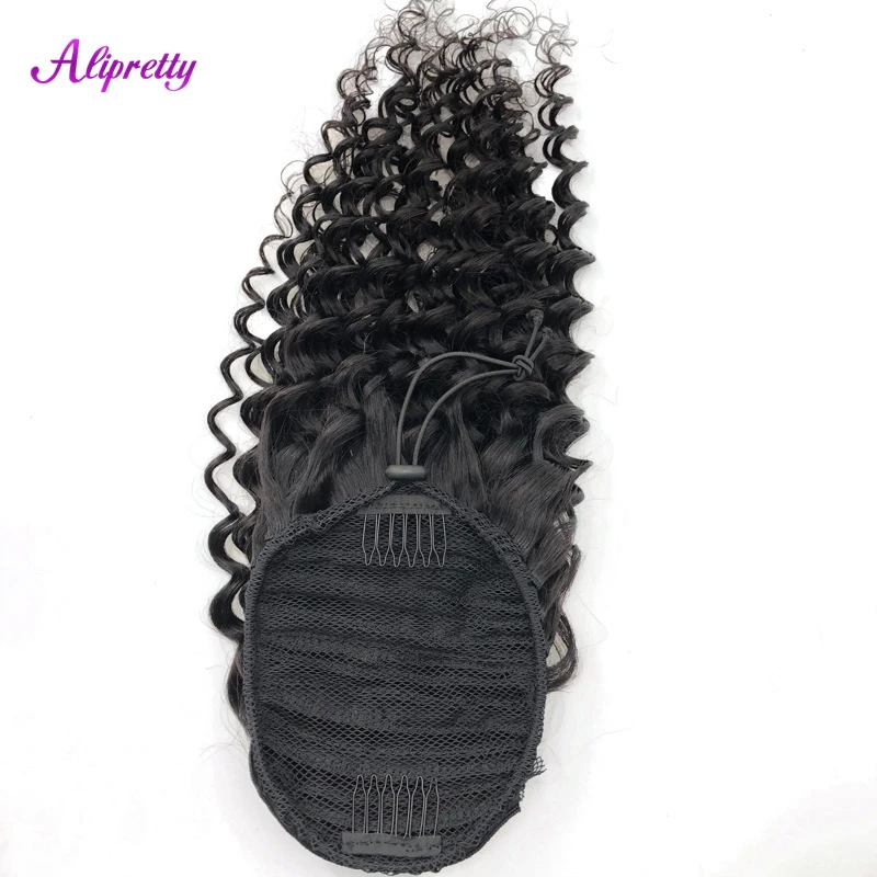Human Hair Extensions Deep Wave Curly Drawstring Ponytail Brazilian Hair Ponytail Clip In 8-24inch