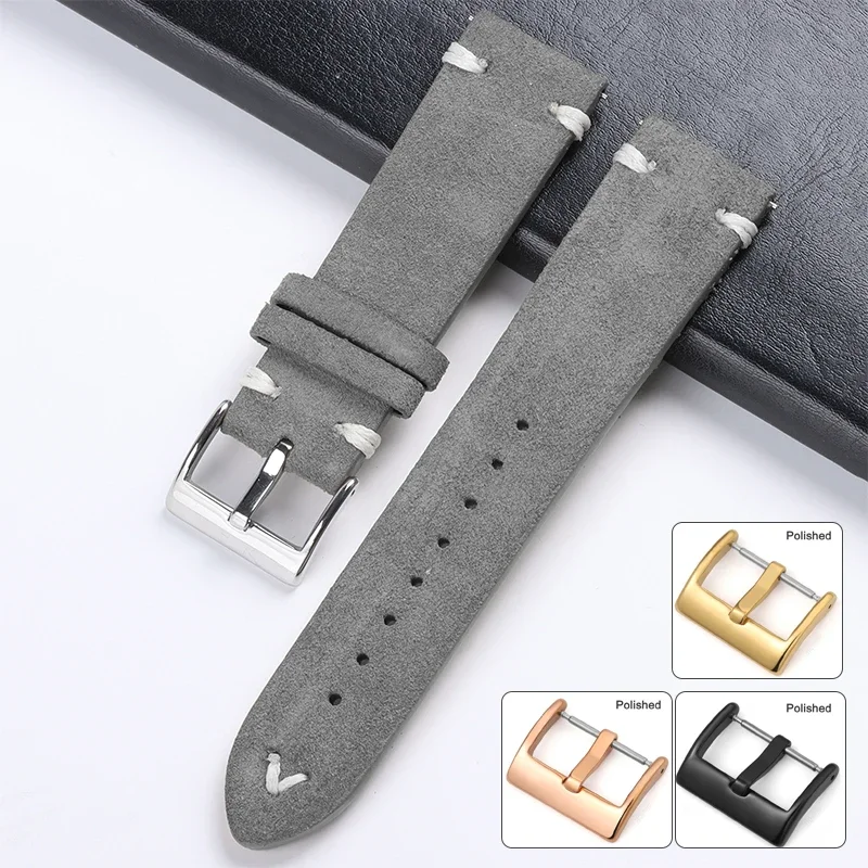 Vintage Grey Suede Leather Watch Strap with Handmade Stitching - Soft Replacement Wristband