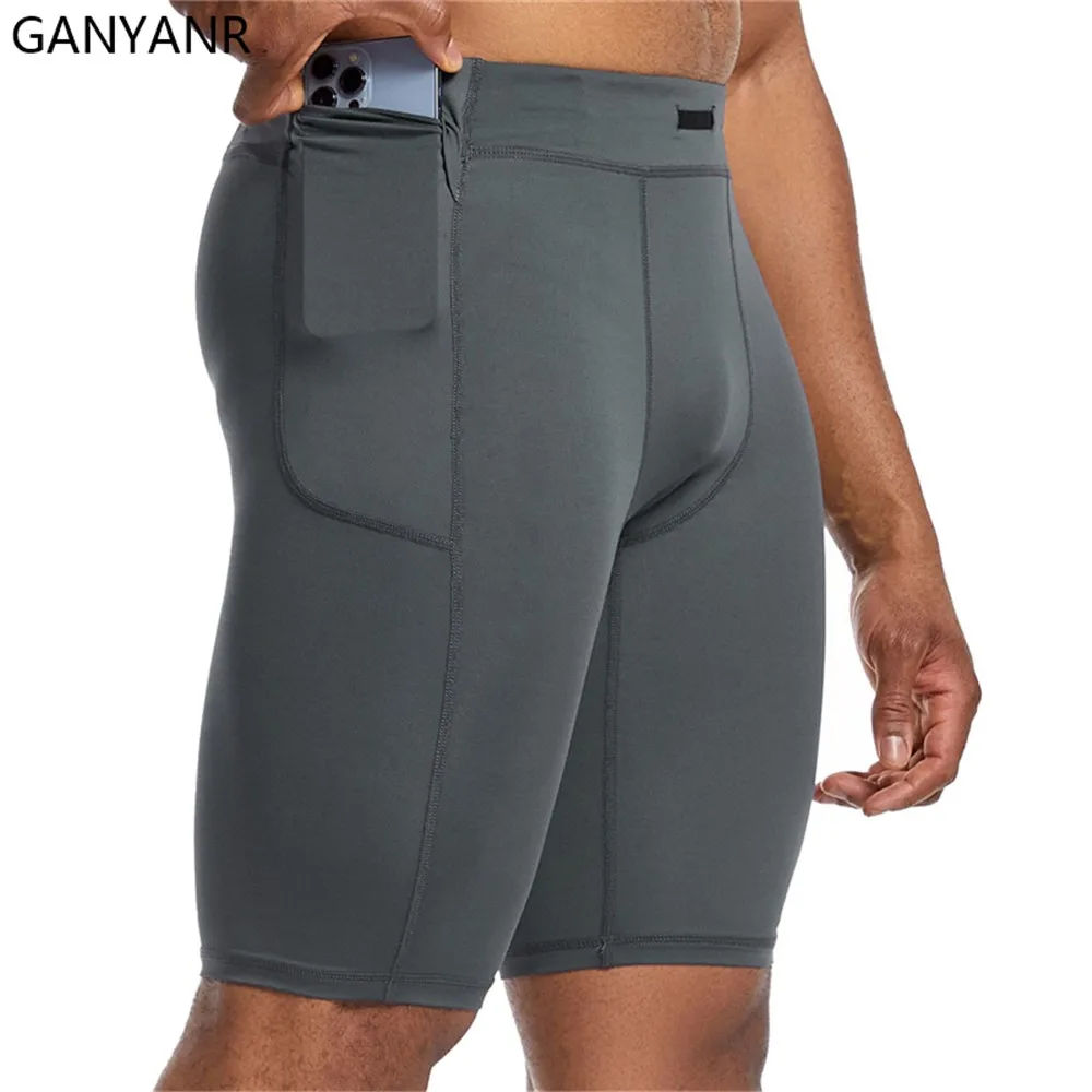 GANYANR mens running tights shorts with pockets Compression Cycling Yoga workout Leggings Football Sports gym basketball soccer sports shorts sports leggings compression pants