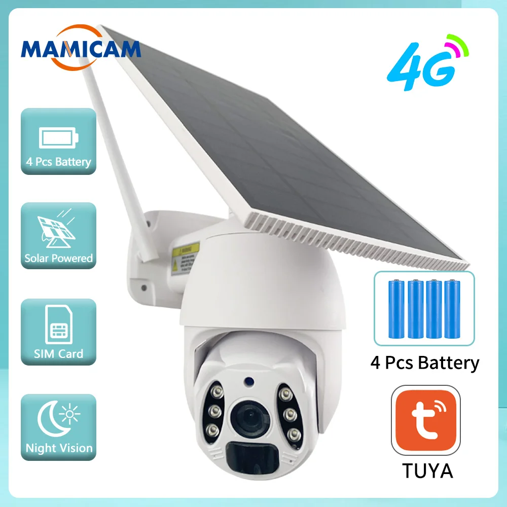 4MP 2K WIFI Surveillance Cameras 4G SIM Card Solar Camera 2MP Outdoor PTZ CCTV Security Protection With 4PCS Battery PIR Motion