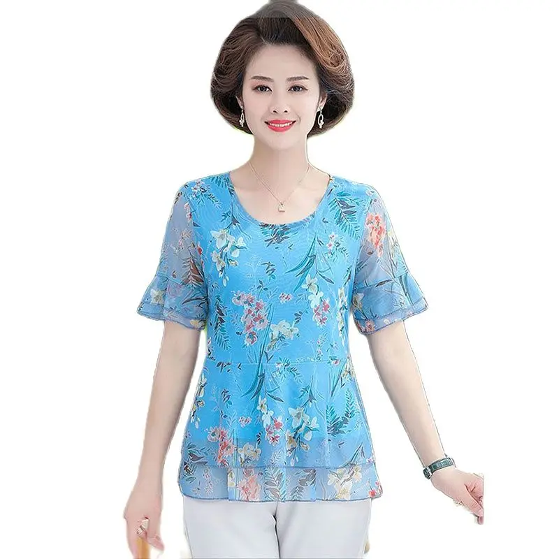 

Mom's Summer Fashion Short-sleeved T-shirt Middle-aged Lady Western-style Gauze Blouse 2023 New Slim Chiffon Blouse FemaleTide