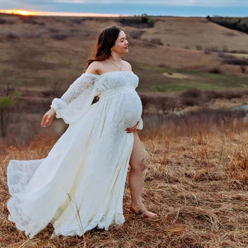 Embroidered Mesh Maternity Dresses For Photoshoot Dress Photography Dress For Women Off Shoulder Puff Sleeves Woman Dress 1
