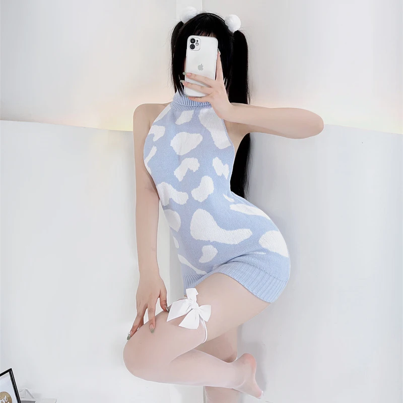 Cute Milk Cow Backless Pullovers Off Shoulder Turtleneck Women Long Sweater Kawaii Korean Fashion Knitted Jumper 6 Colors 6