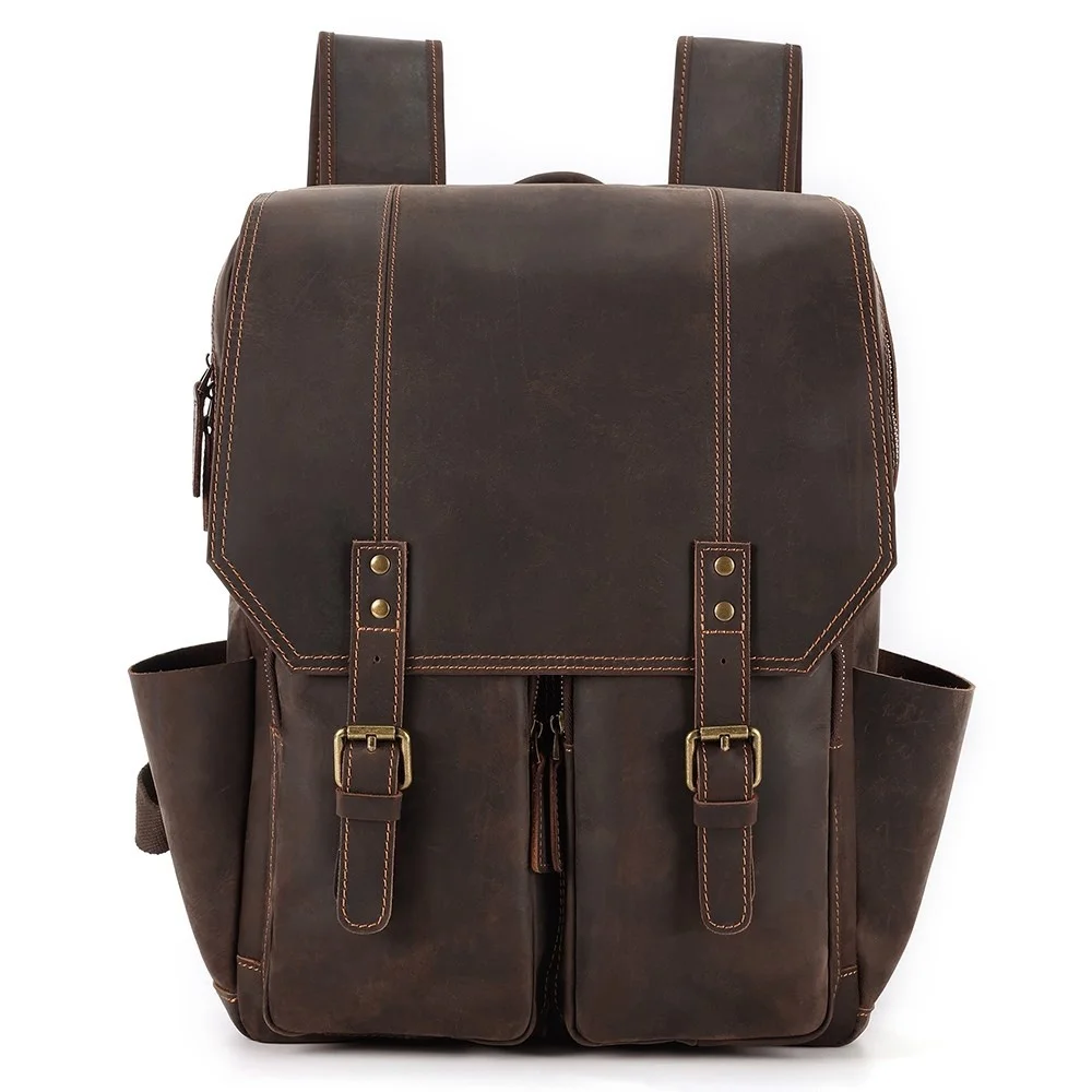 

Crazy Horse Leather Mans Backpack Large Capacity 15.6" Laptop Rucksack Casula School Bags Cowhide Male Travel Daypack