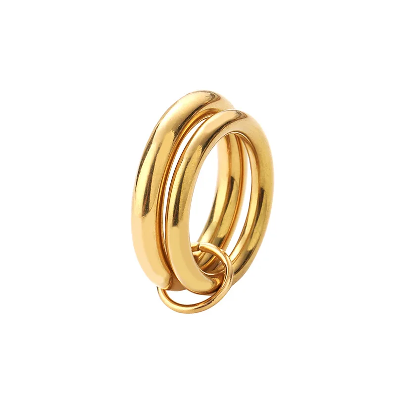 Vintage Double Round Circle Small Round Finger Ring for Women 18K Gold Plated Waterproof Stainless Steel Rings Hiphop Jewelry