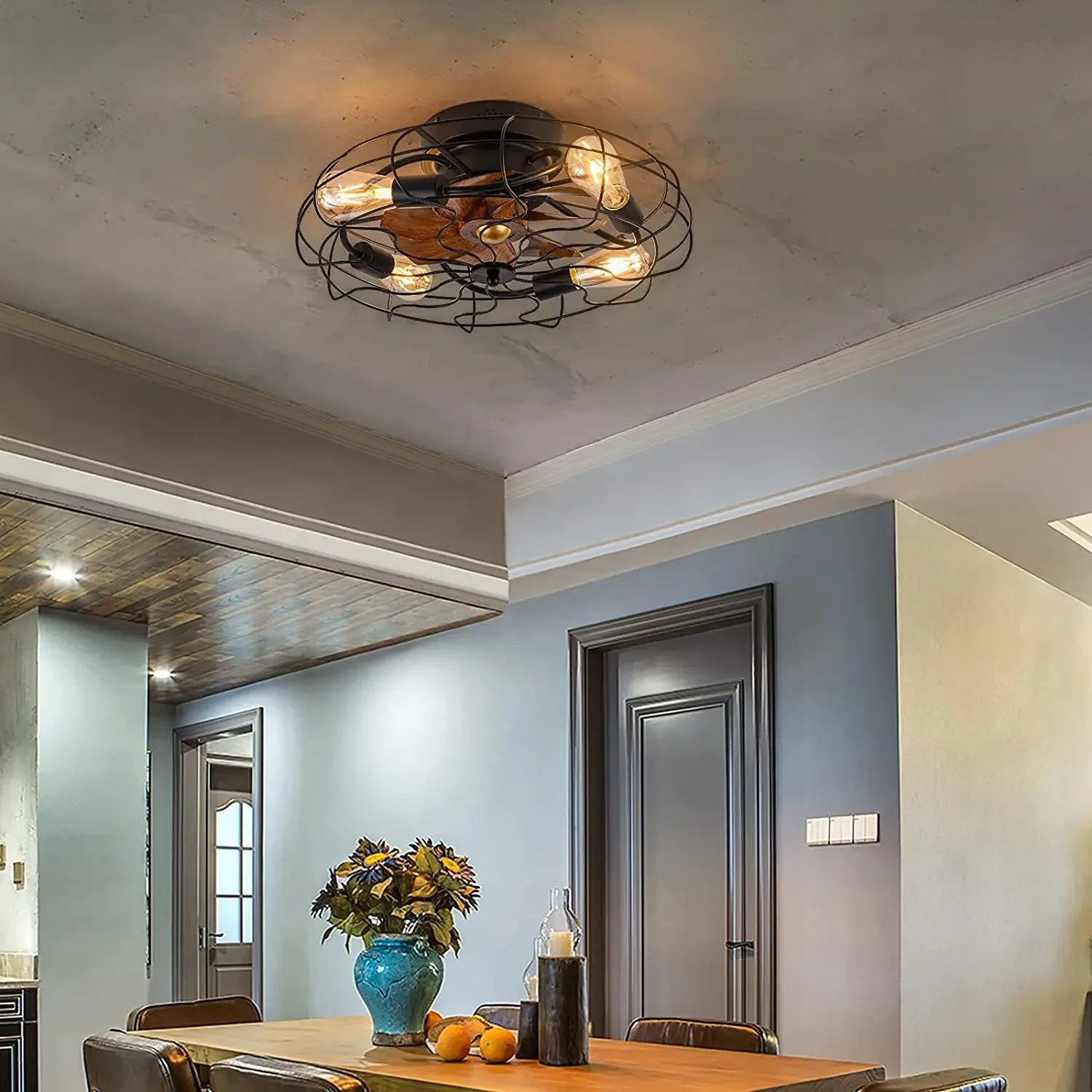 Retro bedroom ceiling fan with light remote control thin cage pendant light Living room wooden blade iron ceiling fan with