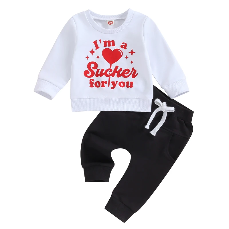 

Bmnmsl Toddler Boy Valentine's Day Clothes Letter&Heart Print Long Sleeve Pullover Elastic Waist Pants 2Pcs Warm Outfit