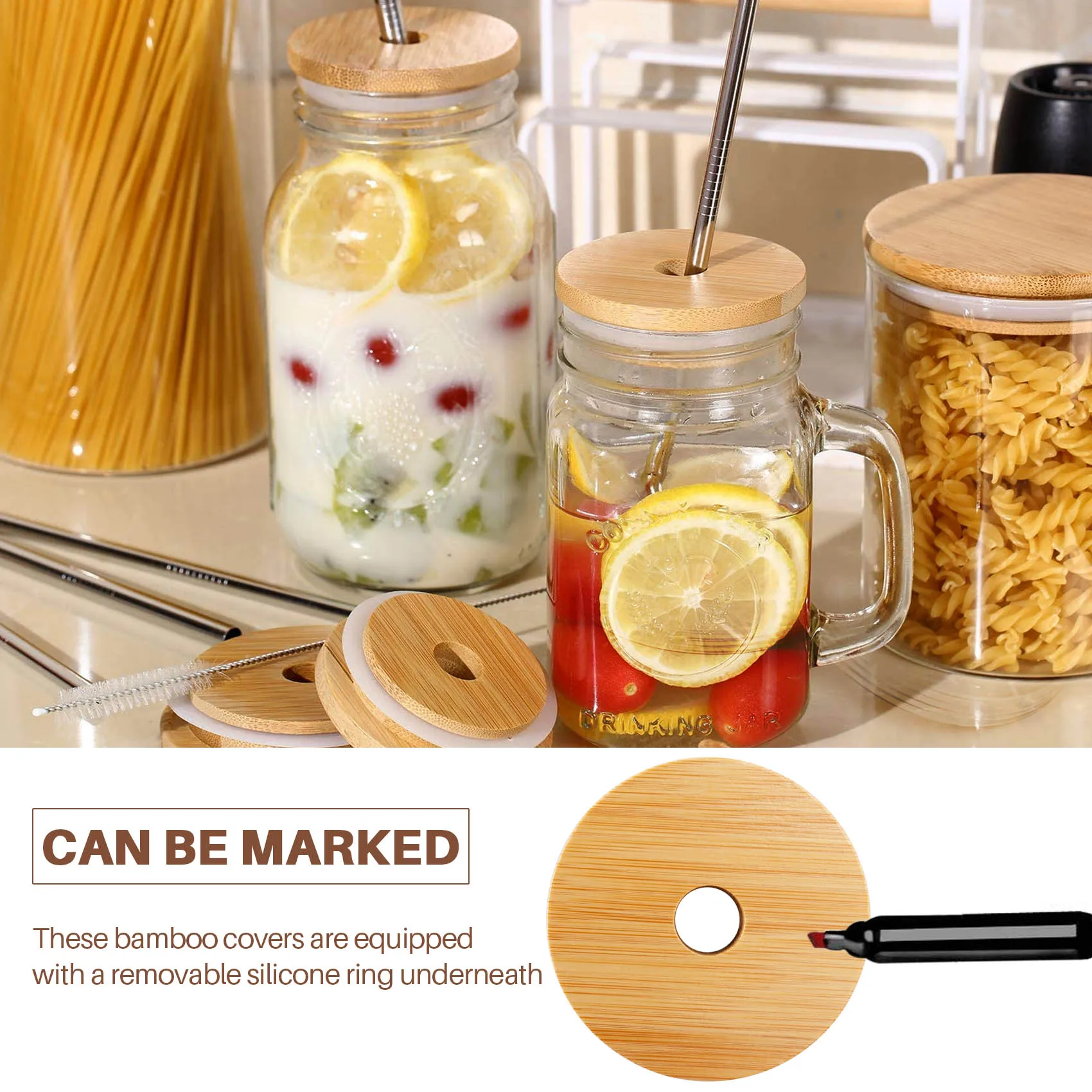 Reusable Bamboo Jar Lids 70MM Bamboo Jar Lids with Straw Hole for