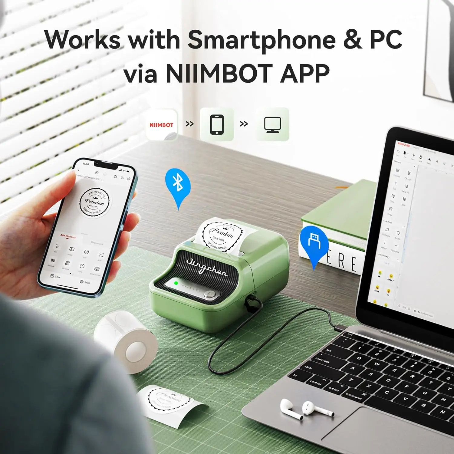 300dpi Niimbot B21 PRO Thermal Label Sticker Print Maker Bluetooth Mobile Wireless Printer for Business Home Office use 20-50mm