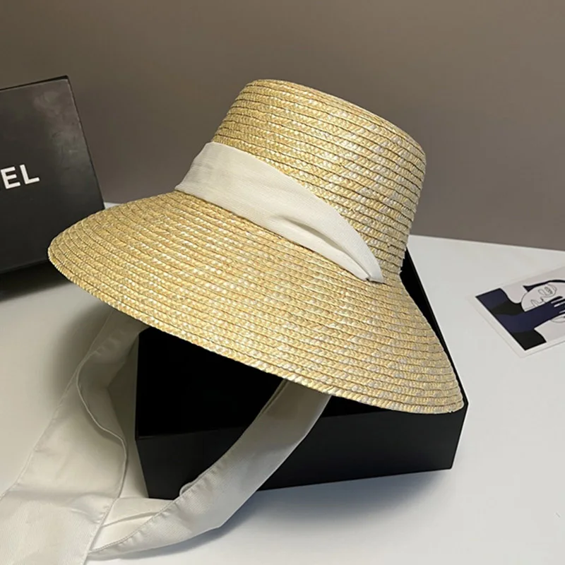 Klassische Panama Stroh Hut für Frauen Beige Weiß Patchwork Sommer Breite Krempe Sonnenhut Hut Band Krawatte Strand Reise Party Fedora hüte – Detail 4